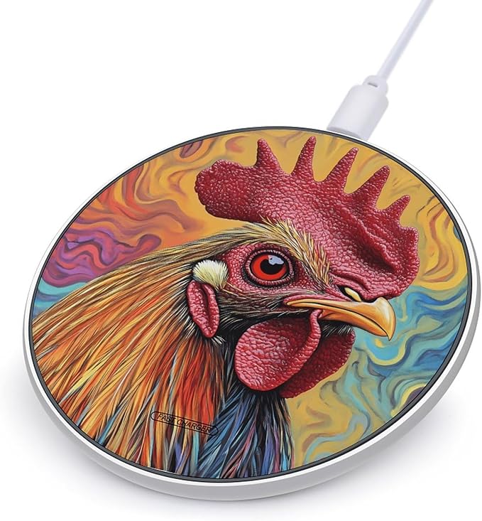 Rooster with Colorful Tie-Dye Phone Charger Magnetic Charging Pad Anti-Slip with USB Cable