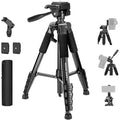 NEEWER Basics Camera Tripod 74 Tripod with Cell Phone Holder Mount Compatible with iPhone for Video Recording Professional Aluminum Lightweight Portable Travel Stand with 3 Way Pan Tilt Head TP56