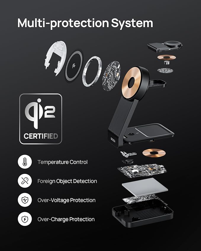 SODI Qi2 3-in-1 Foldable Wireless Charging Station with Night Light Fast 15W Portable Travel Charger Stand Nightstand Charger for iPhone/Android/Apple Watch/AirPods(W79-2)
