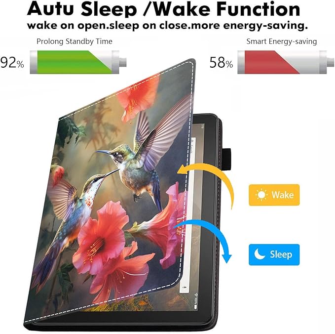 Case for All-New Amazon Kindle Fire HD 10 &amp 10 Plus Tablet 10.1 (13th/11th Generation 2023/2021 Release) - PU Leather Folio Case with Smart Auto Wake/Sleep - Hummingbird Flowers