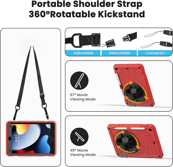 for iPad 9th Generation 2021/ iPad 8th Generation 2020/ iPad 7th Generation 2019 Case with Screen Protector Pencil Holder [360° Rotating Hand Strap] &amp Stand for iPad 10.2 inch (Red)