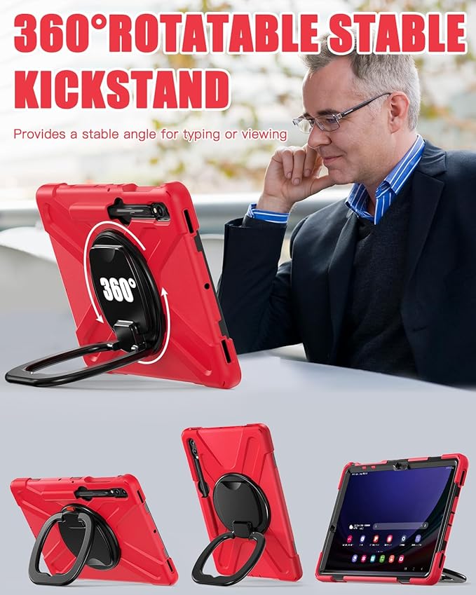 BRAECN Case for Samsung Galaxy Tab S10+/S9 FE+/S9+ 12.4” 2024 SM-X820/X610/X810 Shockproof Silicone Case with Screen Protector/S Pen Holder/Shoulder Strap/Kickstand for Galaxy Tab S8+/S7 FE/S7+Red