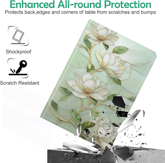 Compatible with iPad Air 13 inch Case (M3 2025 /M2 2024)/12.9 inch Case (6th/5th/4th/3rd 2022/2021/2020/2018) with Pencil HolderAuto Wake/Sleep Protect CoverElegant Vintage Magnolia Flowers