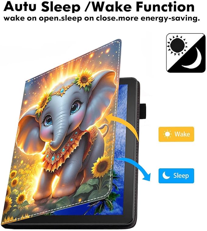Case for Amazon Fire HD 10/HD 10 Plus Tablet 10.1 (13th/11th Generation 2023/2021 Release) Slim PU Leather Cover with Card Slot &amp Auto Wake/Sleep Cute Baby Elephant