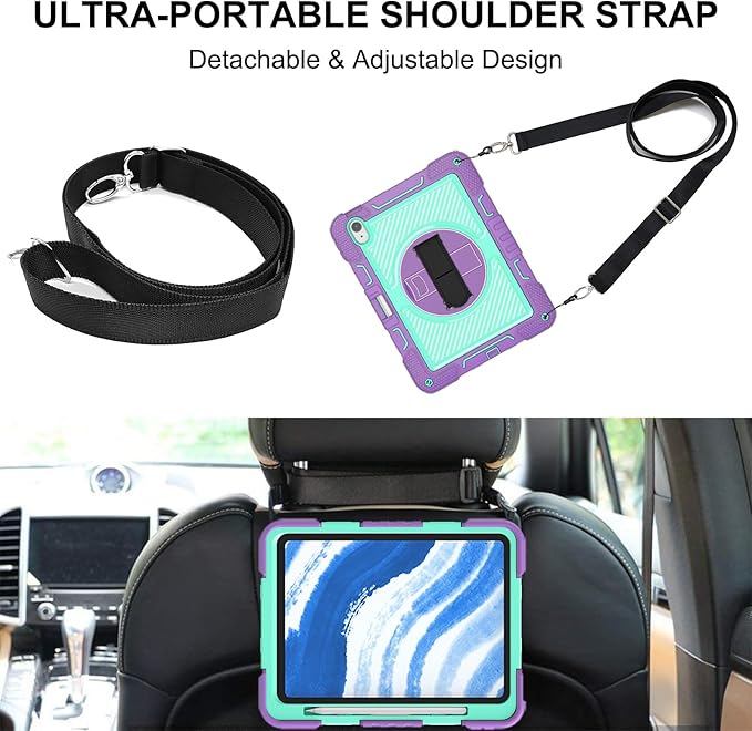Shockproof Case for iPad Air 4th/5th Generation iPad Air 11 2025 2024 Cover with Shoulder Strap+Pencil Holder Techcircle Heavy Duty Rotating Kickstand Hand Strap Rugged Case Lavender+Aqua