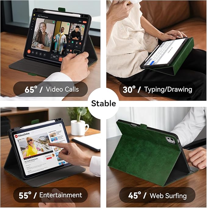 Handmade Case for iPad Pro 13 Inch (M5/M4) 2025/2024 with Pencil Holder PocketMagnetic ClosureAuto Sleep/WakeVegan Leather Folio Protective CoverMulti Angles StandGreen