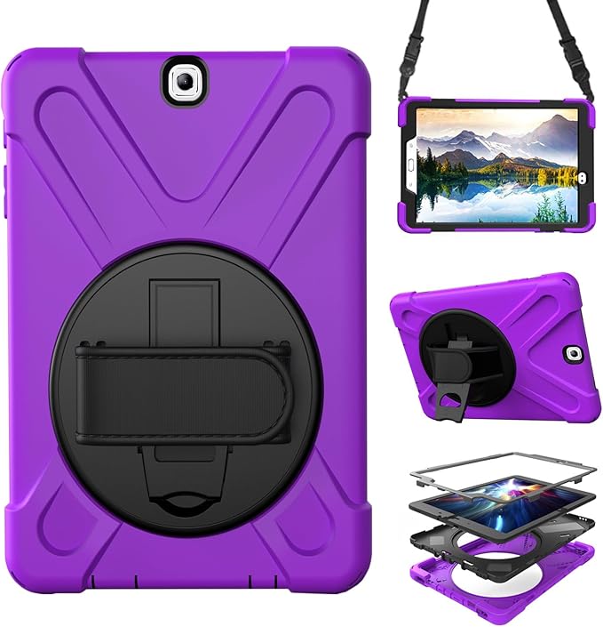 Case for Samsung Galaxy Tab S2 9.7 2015 (SM-T810/T813/T815/T817/T818/T819)Portable Heavy Duty Dropproof Protective Cover Case with 360 Rotating StandHandle &amp Shoulder StrapStylus Pen (New Purpl