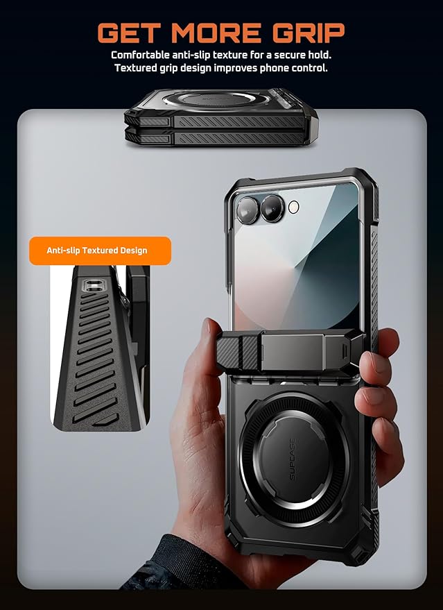 SUPCASE for Samsung Galaxy Z Flip 7 Case with Stand &amp Front Screen Protector (Unicorn Beetle Grip) [Support MagSafe] [Hinge Protection] Full Body Military-Grade Translucent Back Phone Cover Blac