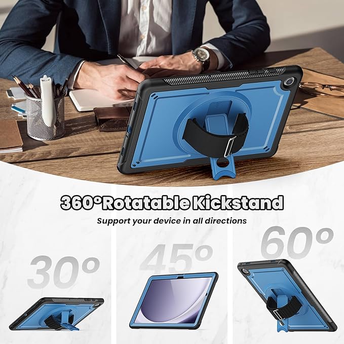 SEYMAC for Samsung Galaxy Tab A9+ Plus Case 11 2023 (SM-X210/X216/X218) Full-Body Shockproof Protective Case with Screen Protector Rotating Stand and Hand/Shoulder Strap Black/Navy Blue