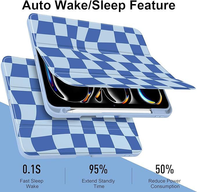 TWOLSKOO Case for iPad Pro 11-inch (M5 2025 / M4 2024) Clear Acrylic Back with TPU Bumper Pencil Holder Trifold Stand Auto Sleep/Wake Blue Wavy Checker