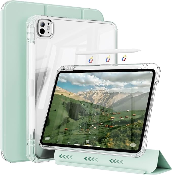 Case for iPad Air 13 Inch M3/M2 (2025/2024) &amp Pro 12.9 Inch 6th/5th/4th/3rd Generation 2022/2021/2020/2018 with Pencil Holder 2 in 1 Detachable Trifold Sliding Cover with Clear Back Shell Green