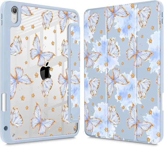 Tuiklol Case for iPad 11 inch (A16 Chip) 2025 Gen 11th / iPad 10.9 inch 2022 10th Gen Buit in Pencil Holder with Shockproof Cover Clear Transparent Back Shell Auto Wake/SleepBlue Butterfly