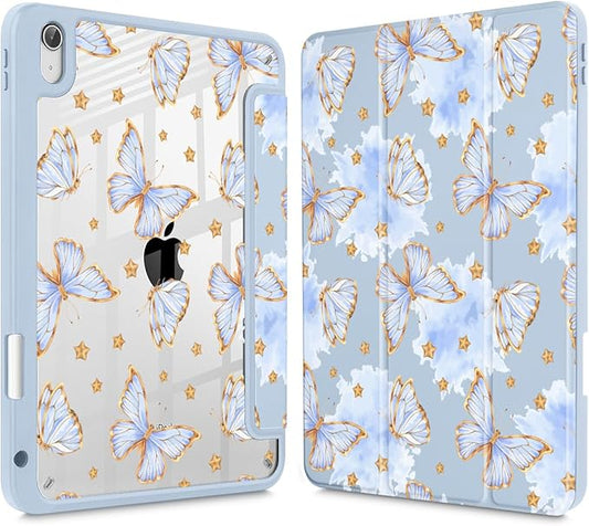 Tuiklol Case for iPad 11 inch (A16 Chip) 2025 Gen 11th / iPad 10.9 inch 2022 10th Gen Buit in Pencil Holder with Shockproof Cover Clear Transparent Back Shell Auto Wake/SleepBlue Butterfly