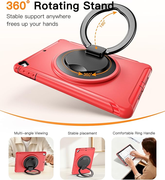 BATYUE Case for iPad 6th Generation 9.7 inch 2018 iPad 5th Gen 2017 iPad Air 2/ iPad Pro 9.7''Shockproof Protective Cover with Pencil Holder &ampRotating Kickstand for KidsBoysGirls Red