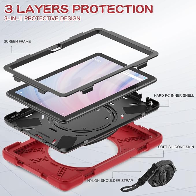 All-New Fire HD 10 &amp Fire HD 10 Kids Pro Tablet Case (13th Gen 2023 Release)Heavy Sturdy Shockproof Kids CaseRotating Stand/Carrying Strap (Red+Black)