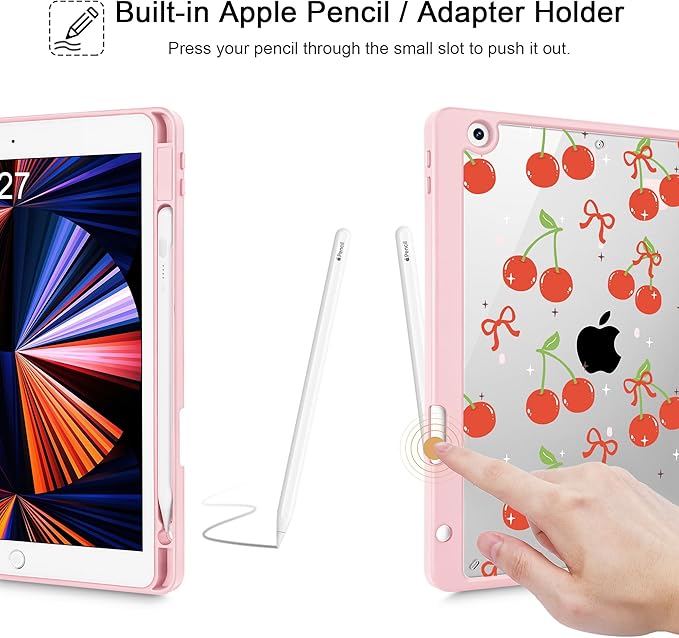 for iPad 9th Generation with Pencil Holder iPad 8th/7th Gen Case 10.2-inch [Built in Pencil Holder] Trifold Stand Auto Wake/Sleep Clear TPU Protection Back Cover Cherries and Bow