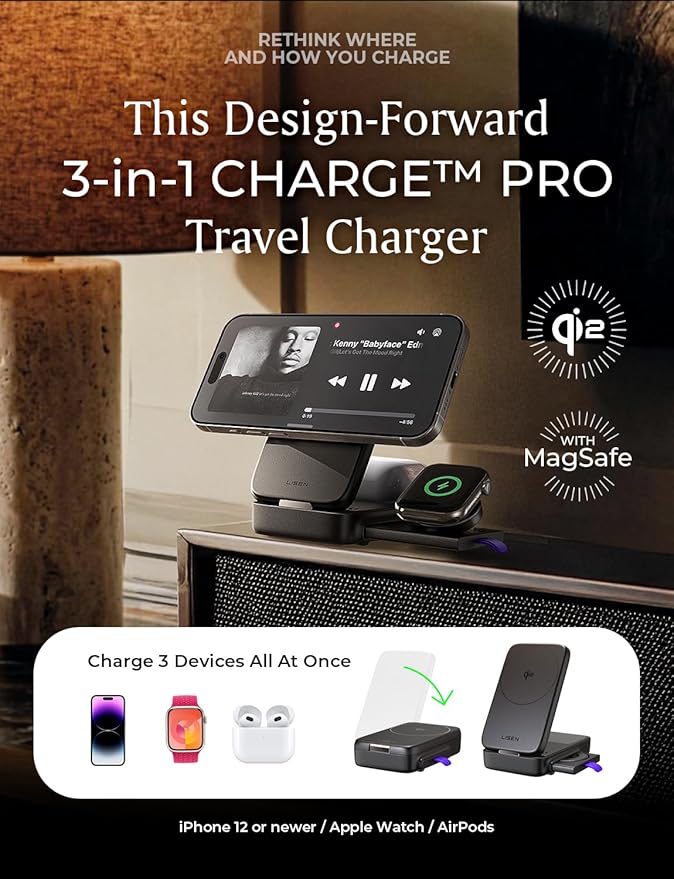 LISEN for iPhone 17 Pro Max 15W magsafe Fast Charger 3-in-1 Charging Station Qi2 Certified Foldable Magsafe Charger Stand for Apple Multiple DevicesWireless NightstandAirPodsApple Watch
