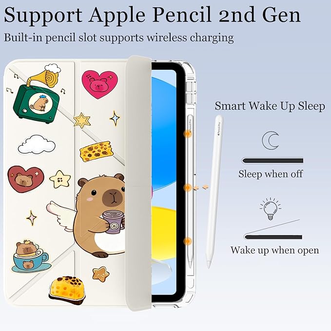 Cute Kawaii Capybara for iPad Air5/Air4 Case with Pencil Holder Auto Sleep/Wake White Leather Acrylic Back Detachable Cover for iPad 10.9 Inch 2022/2020