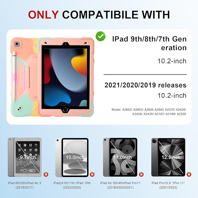 Case for iPad 9th Generation (2021) /iPad 8th Gen (2020)/iPad 7th Gen (2019) Military Grade Shockproof iPad Case Built-in 360°Rotating Stand/Pen Slot/Shoulder Strap for iPad 10.2 (Rainbow Pink)