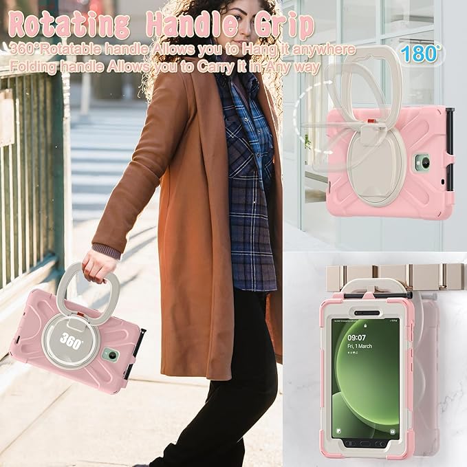 Rugged Case for Samsung Galaxy Tab Active5 5G (SM-X306B/X300) w/ 360° Rotating Hanging Ring Handle Grip Kickstand Heavy Duty Shock-Proof Armor Cover w/Shoulder Strap Stylus Holder (Pink)