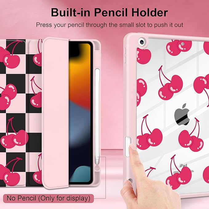 DONGKE for iPad 9th/8th/7th Generation Case 10.2 Inch (2021/2020/2019) [Auto Sleep/Wake &amp Pencil Holder] Clear Acrylic Back Trifold Stand Cover Cherry Checkers