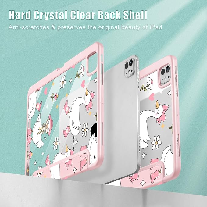 May Chen Case for iPad Pro 11-Inch M5/M4 2025/2024 (6th/5th Generation) [Penceil Holder] Trifold Stand Auto Wake/Sleep Clear TPU Protection Back Cover Cute Goose Spring