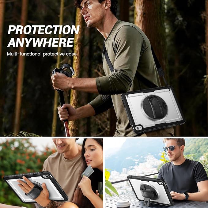 Compatible for iPad A16 Case for iPad 11th/10th Generation Case 11/10.9 Inch 2025/2022 Drop Protection with Screen Protector | 360° Rotate Hand Strap | Stand | Shoulder Strap Clear
