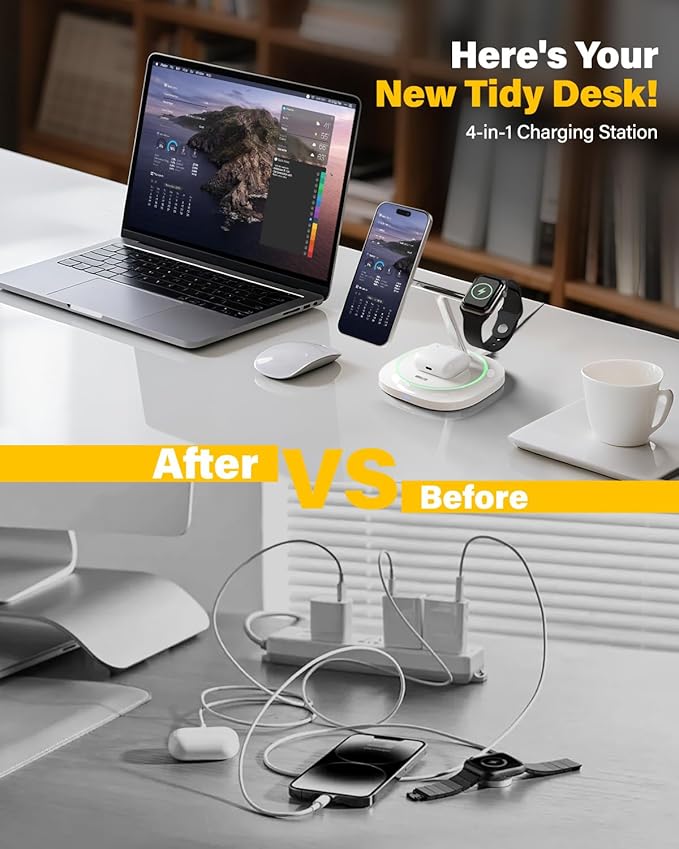 3 in 1 Magnetic Wireless Charger for Apple - Fast Charging Station Compatible with MagSafe for iPhone17-12 Apple Watch&amp AirPods Phone and Watch Charger Stand for Desktop Bedside Nightstand (Ivor