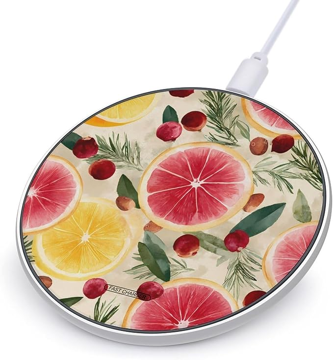 Grapefruit Rosemary Leaves Cranberries Fast Portable Charger 10W Funny Graphic Phone Charging Pad with USB Cable