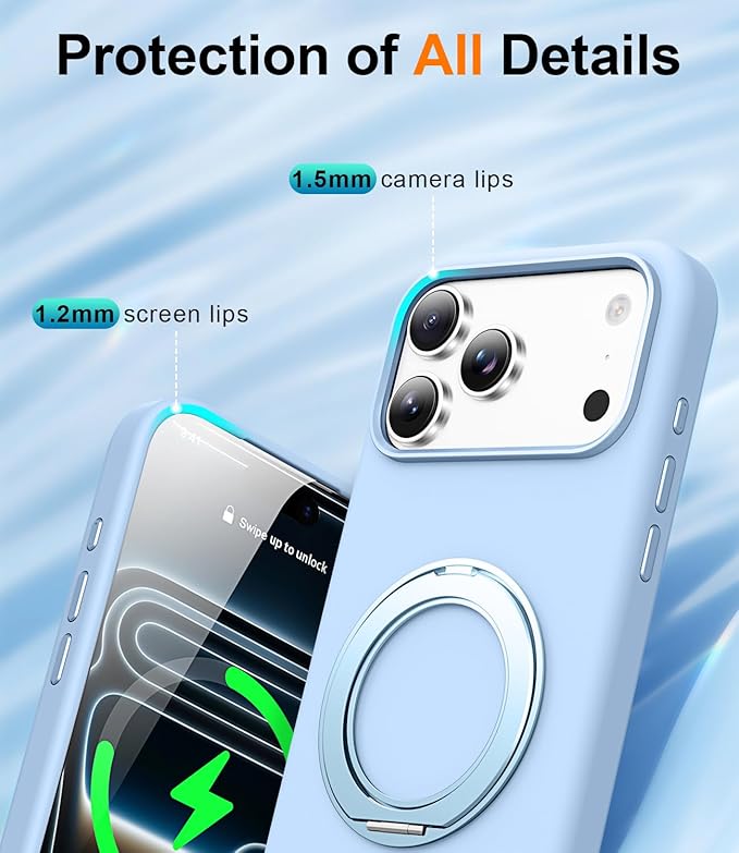 STERKER 360° Rotatable Stand Compatible with iPhone 17 Pro Max Case with Magnetic [Military Grade Drop Tested][Adjustable Kickstand] Ring Holder Silicone Slim Back Soft Edge Sky Blue