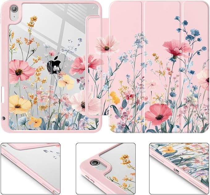 May Chen for iPad (A16) 11th Generation Case 11 Inch 2025 iPad 10th Gen Case 2022 10.9 inch Built-in Pencil Holder with Shockproof Cover Clear Transparent Back Shell Auto Wake/Sleep Wildflower