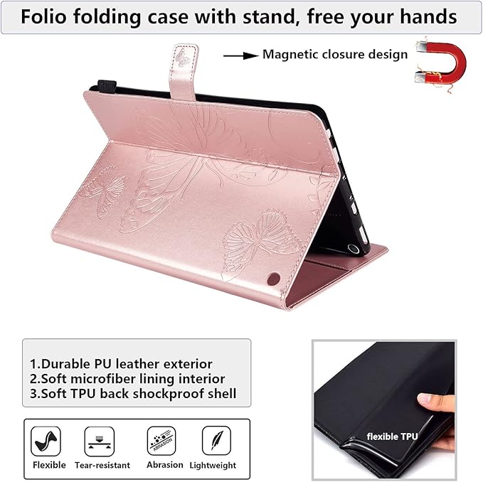 for Kindle Fire HD 10 &amp HD 10 Plus Case 13th/11th Generation 10.1 (2023/2021) Stand Embossed PU Leather Magnetic Wallet Cover with Pencil Holder/Pockets [Auto Wake/Sleep] Rosegold Butterfly