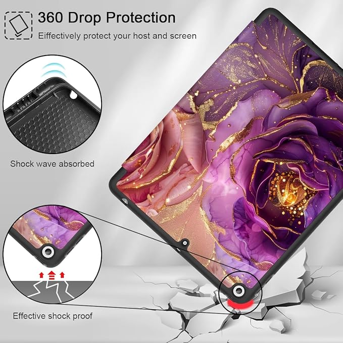 Mektron Designed Printed iPad 10.2 Case 9th Gen (2021)/ 8th Gen (2020)/ 7th Gen (2019) with Pencil Holder Slim Stand Protective Case with Soft TPU Back for iPad 10.2 Inch Marble Flowers