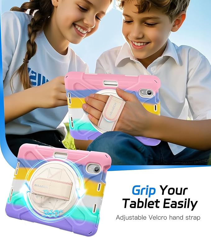 BRAECNstock Kids Case for Apple iPad mini 7 (A17 Pro) 2024/ Mini 6 8.3 Shockproof Protective iPad mini 7th/6th Gen Case with Screen Protector Pen Holder [Rotating Stand+Hand Strap] Colorful Pink