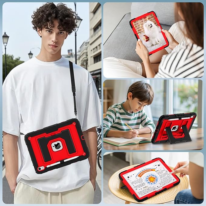 WESOROL Case for iPad A16 11th Generation 11 Inch (2025) iPad 10th Generation 10.9 Inch (2022)i Pad A16 Case Military Grade Shockproof Cases with Pencil Holder Shoulder StrapBlack Red