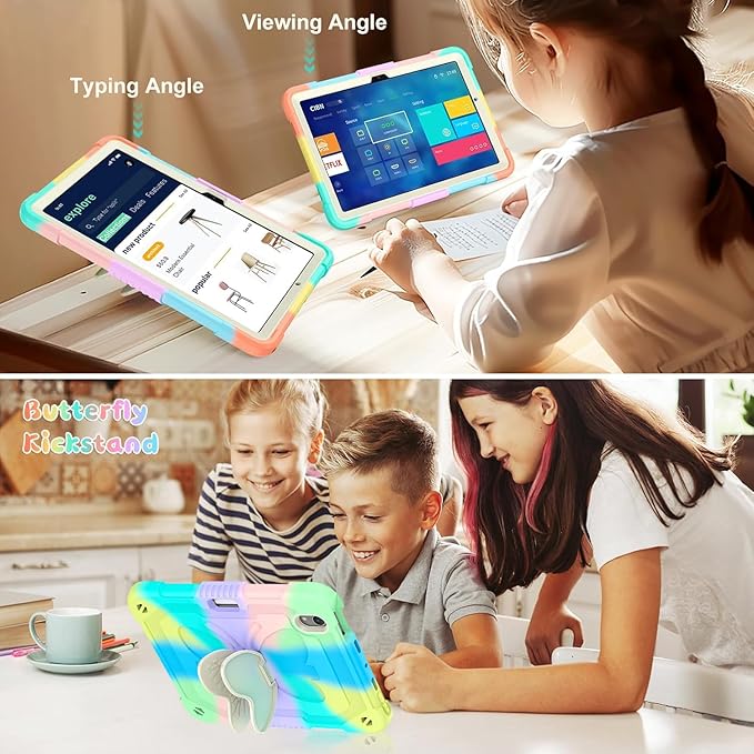 for iPad Mini 7 A17 Pro Case for iPad Mini 7th/6th Generation - Rugged Soft Silicone Cute Cartoon with Shoulder Strap Multi-Angle Stand Kawaii for Women Girls Girly Kids Teens Cover Colorful