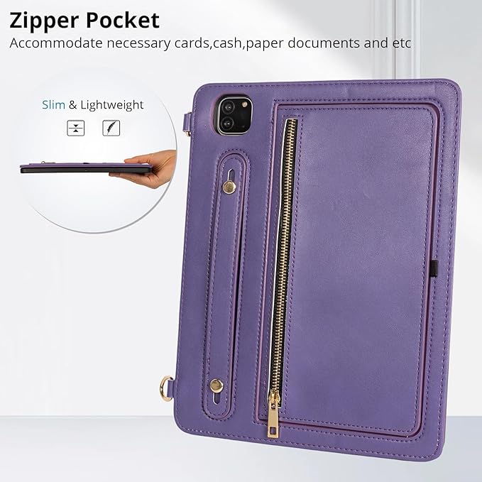 Dteck Case for iPad Air 13 inch M2 2024/iPad Pro 12.9 Case 6th/5th/4th/3rd Generation 2022/2021/2020/2018Premium PU Leather Shockproof Protective Case Zipper Pocket Strap Soft TPU Back CoverPurple