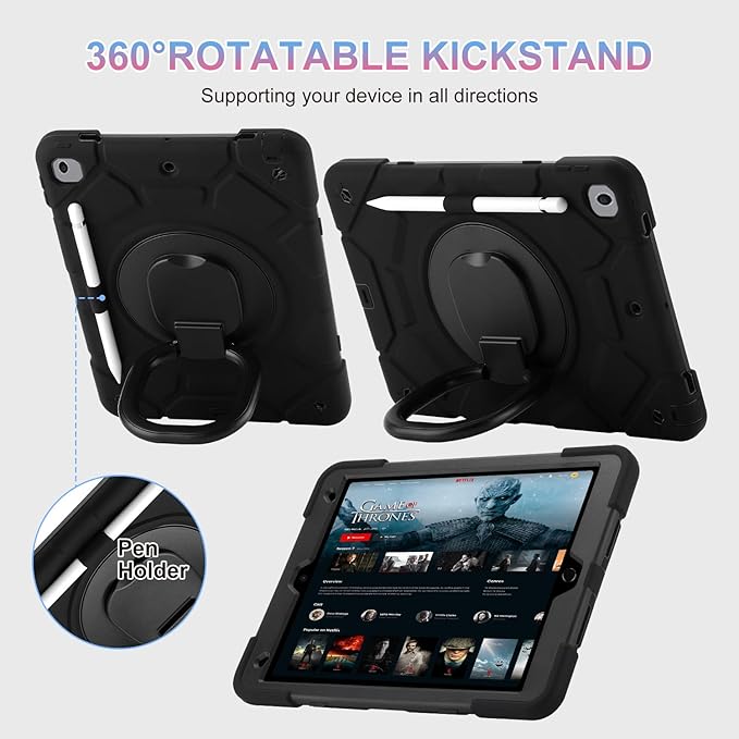 for iPad 9th/8th/7th Generation Case 10.2Heavy Sturdy Shockproof Kids Cover with Rotating Stand/Pencil Holder/Shoulder Strap for iPad 10.2 Case 2021/2020/2019 Girls (Black)