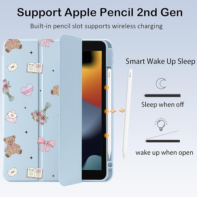 Cute Kawaii Bunny Bear Flower for iPad Pro 12.9 Inch Case 5th/6th Generation 2022/2021/2020 with Pencil Holder Auto Sleep/Wake Blue Leather Clear Acrylic Back Cover