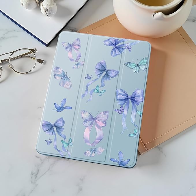 Idocolors Cute Butterfly Bow Pad Case for 10.9 Inch iPad Air 4 2020/iPad Air 5 2022 Clear TPU Smart Stand Back Cover with Pencil Holder Auto Wake/Sleep Foldable Shockproof Protective Case