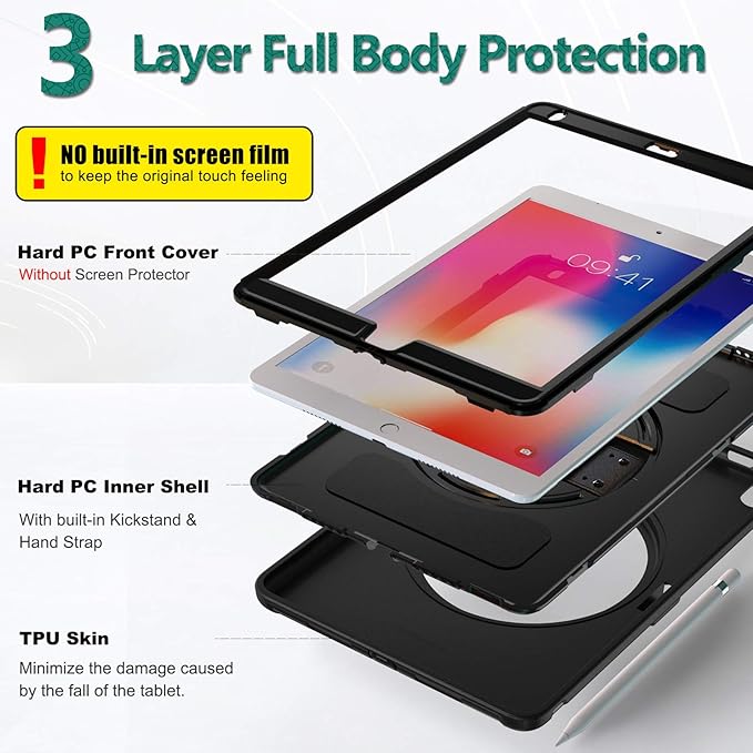 BATYUE iPad Air 3rd Generation 2019 / iPad Pro 10.5 inch Case 2017 with Pencil Holder [360° Swivel Stand/Leather Hand Strap] Full-Body Shockproof Drop Protection Case for iPad Air 3 (Black)