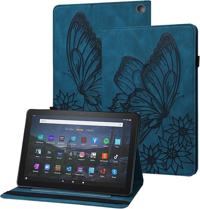 for Amazon Kindle Fire HD 10 &amp HD 10 Plus Case 13th/11th Generation 10.1 inch (2023/2021) Folio Stand Embossed PU Leather Wallet Cover with Pencil Holder/Card Pockes Blue Flower Butterfly