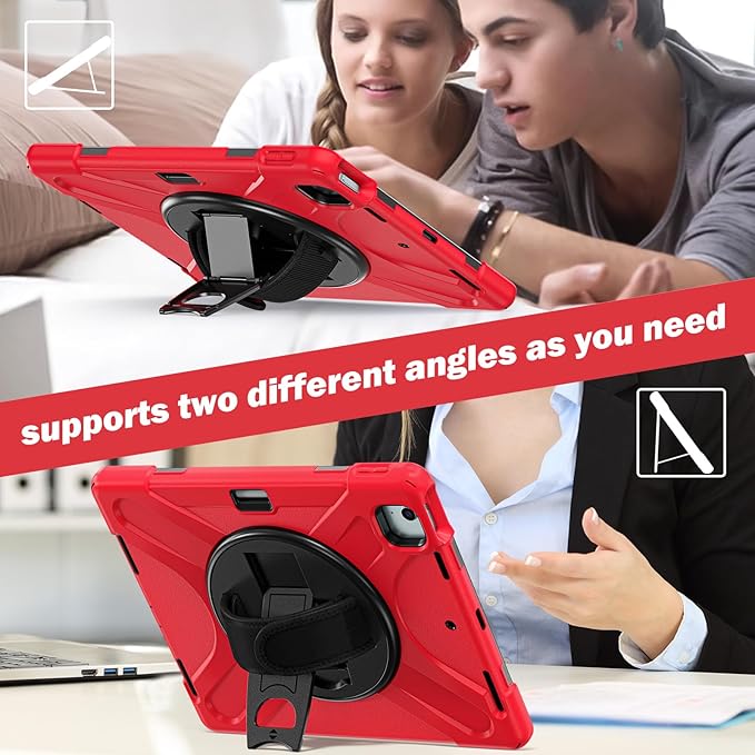for iPad Air 13-inch M2 (2024) A2898/A2899 for iPad Pro 12.9 Rugged Case Portable Heavy Duty Shock-Proof Armor Cover with Swivel Kickstand/Hand Grip Shoulder Strap Pencil Holder (Red)