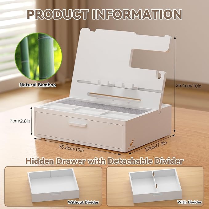 Pezin &amp Hulin Wooden Charging Station Bedside Nightstand Tray with Spacious Drawer Felt Pads for Phones Watch Idea Gifts for Him Birthday Son Christmas for Papa Fathers Day (White)