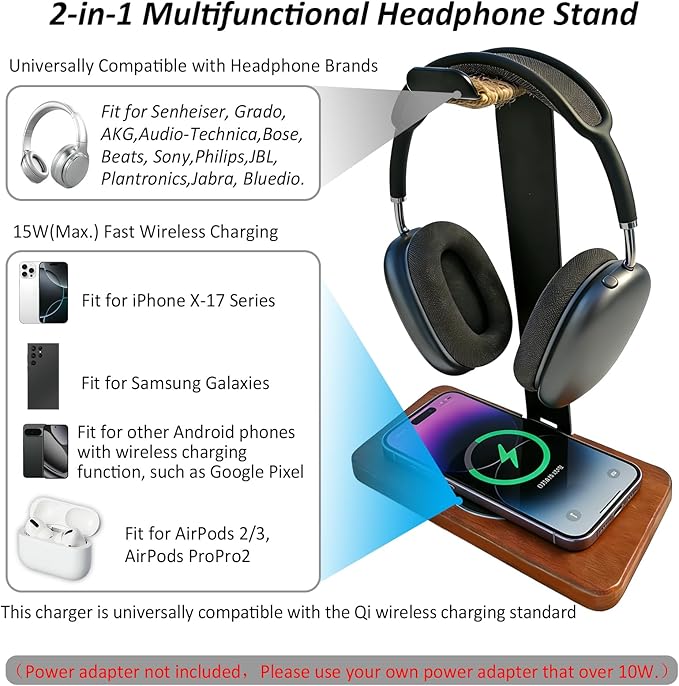 Handmade Solid Wood 2-in-1 Headset Stand with Wireless Charger 15W Max FastWireless Charging Dock Compatible with iPhone 17/16/15/14 /Samsung SeriesUniversal Holder for All Desk Headphones