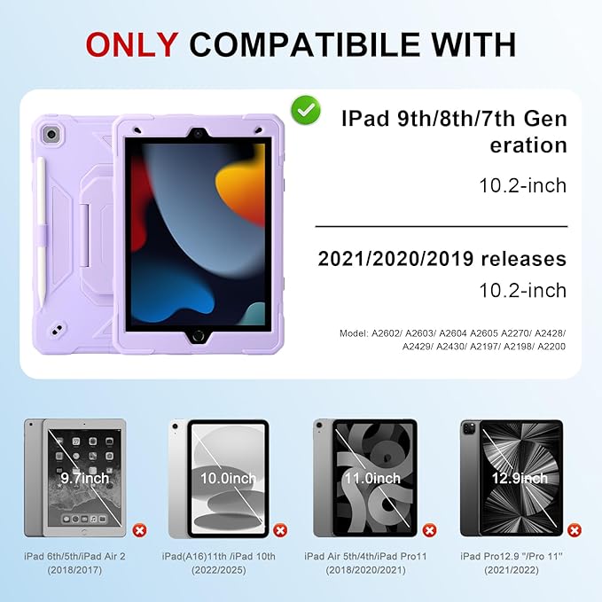 Case for iPad 9th Generation (2021) /iPad 8th Gen (2020)/iPad 7th Gen (2019) Military Grade Shockproof iPad Case Built-in 360°Rotating Stand/Pen Slot/Shoulder Strap for iPad 10.2 (Light Purple)