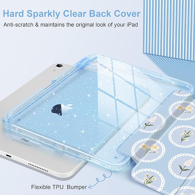MEEgoodo Case for iPad A16 11th Generation 2025/10th Generation 2022 Glitter Tablet Cases with Transparent Acrylic Back+Trifold Stand +Pencil Holder+Auto Wake/SleepSpring Floral &amp Round Frame