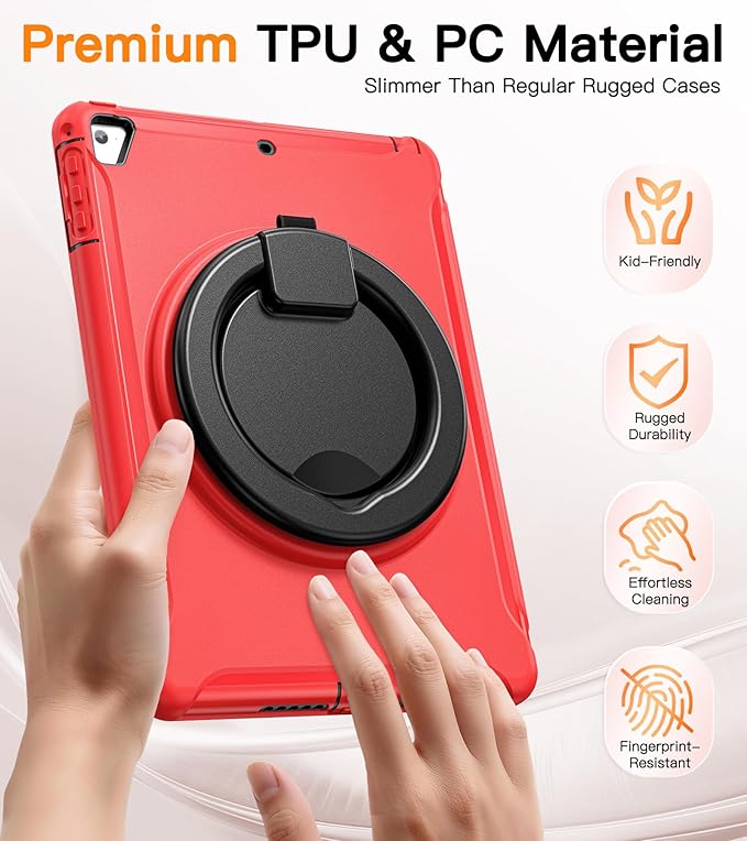 BATYUE Case for iPad 6th Generation 9.7 inch 2018 iPad 5th Gen 2017 iPad Air 2/ iPad Pro 9.7''Shockproof Protective Cover with Pencil Holder &ampRotating Kickstand for KidsBoysGirls Red