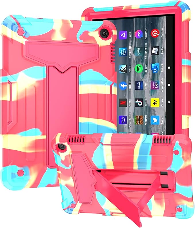 Shockproof Case for Fire HD 8 2024 2022 (12th Generation) Techcircle Heavy Duty 3-Layer Bumper Defender Rugged Case with Multi-Angle Kickstand Hybrid Cover for HD 8/8 Plus 2022/2024 Camo Rose
