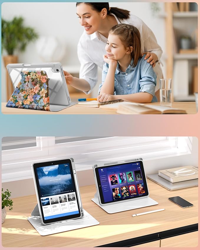 for iPad A16 Case for iPad 10th Generation Case 10.9 inch - 360 Degree Rotating Stand Folio Smart Cover with Pencil Holder for Women Girls Beautiful Flowers for Apple 10th 2022/11th 2025